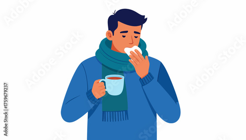 Man with Flu Feeling Unwell Drinking Hot Tea and Using Tissue, Seeking Comfort and Relief from Illness, Cold and Flu Season, Healthcare Awareness