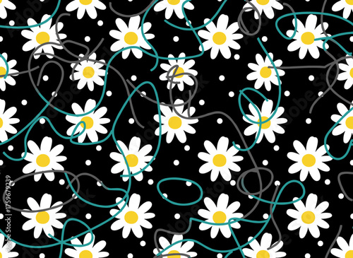 A continuous floral design featuring chamomile and daisy blossoms set against a summer backdrop
