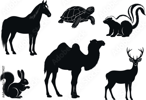 Animal silhouette collection featuring horse, turtle, skunk, squirrel, camel, and deer in black vector style for wildlife design