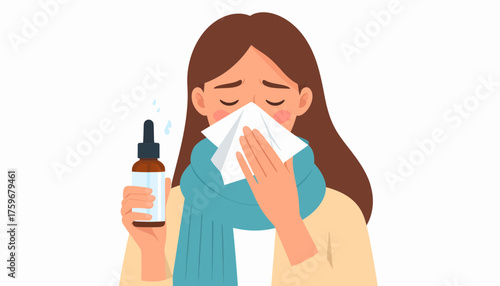 Woman with Flu Symptoms Holding Tissue and Medicine Bottle for Cold Relief Treatment, Health Care Concept, Flu Season, Remedy, Illness, Feeling Sick