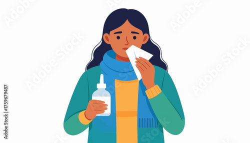 Woman with cold blowing her nose, seeking relief with nasal spray and warm scarf, embracing wellness during flu season, promoting healthy habits and self-care