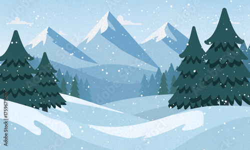 Winter landscape with snowdrifts and snowy fir trees. Vector doodle style seasonal nature background. Frosty snow hills. Game art concept. Vector illustration: Cartoon Winter snowy Mountains lands
