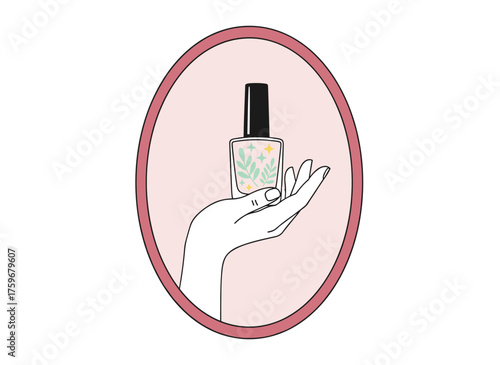 Linear‑style vector template featuring a nail studio varnish emblem, a beauty spa hand, and varnish adorned with stars