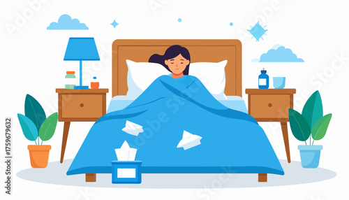 Stay Home and Rest Up Ailing Woman in Bed Fighting Flu Symptoms Recovering With Medicine and Tissues, Illustrating Common Cold and Seasonal Illness