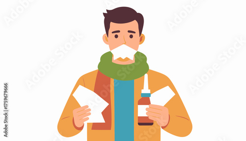 Man with cold symptoms seeks relief using medication and tissues, emphasizing health, wellness, and self-care during illness season, originally a scalable graphic