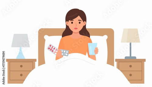 Woman taking medicine in bed with a glass of water, showcasing care, illness treatment, and the importance of rest for a speedy recovery