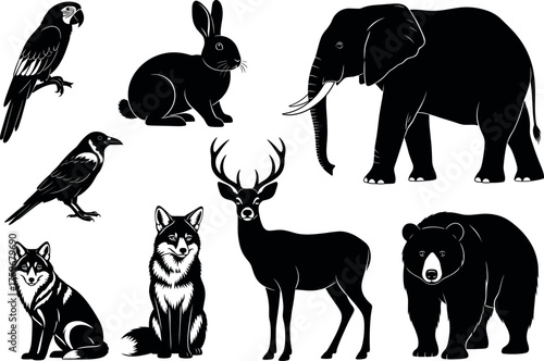 Silhouette animal vector set featuring wild and domestic creatures including dog, elephant, deer, rabbit, bird, bear, and wolf