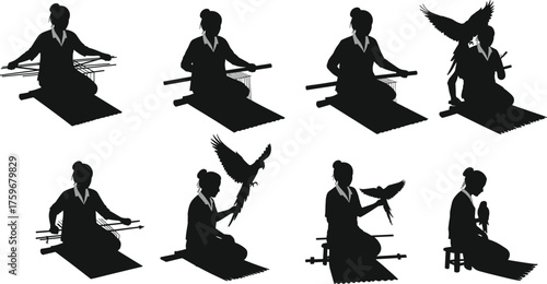Silhouette woman weaving loom bird child motherhood journey transformation cultural storytelling life stages vector illustration traditional craft symbolic growth"