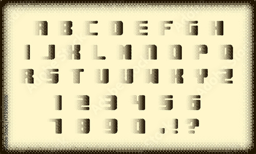 Halftone bitmap font. Blurred alphabet with dots. Vintage Halftone Display Font alphabet collection, vector. Retro 70s and 80s halftone dots in black and white alphabets. Halftone alphabet, number