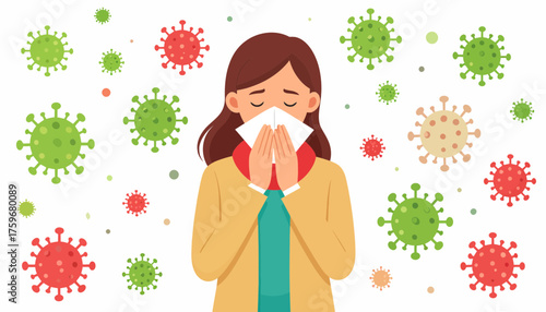 Concerned woman blowing her nose amidst floating virus particles, ideal for health awareness campaigns, showcasing cold symptoms, or pandemic related content