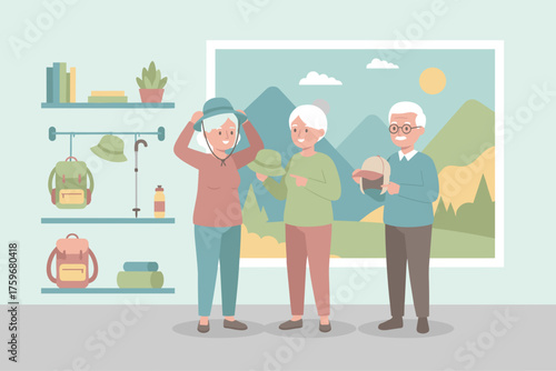 Happy seniors trying hats preparing for outdoor travel or hiking adventure Retirement lifestyle