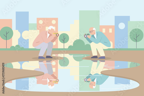Two senior men enjoying photography in an urban park capturing reflections in puddles