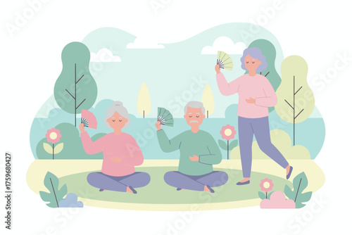 Seniors enjoying gentle exercise and relaxation with fans in a serene park Healthy lifestyle