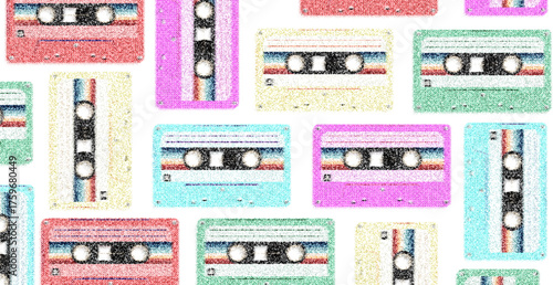 Vintage audio cassette on a white background. Dotted halftone texture background.Pop art gradient overlay. Fading grunge gritty noise audio tape wallpaper. Weathered pixelated comic backdrop. Vector
