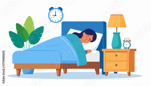 Peaceful slumber scene with woman asleep in cozy bed, alarm clock ticking, perfect for wellness blogs, sleep aid promotions, and relaxation guides