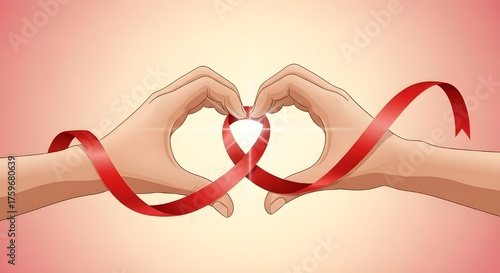 Two hands forming a heart with a red ribbon inside, symbolizing love and care on World AIDS Day.