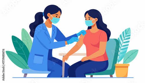 Protecting Health During Vaccination with Nurse and Patient Wearing Masks, Ensuring Safety and Well-being, a Modern Health Concept and Medical Care