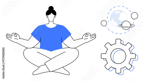 Person meditating in lotus pose with planetary orbits and gear representing balance, harmony, and integration. Ideal for mindfulness, self-care, productivity, creativity, innovation, wellness focus