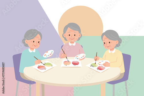 Happy senior women enjoy painting fruits a creative hobby for active aging and community