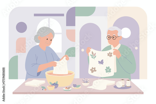 Elderly couple happily crafting fabric Natural dyeing and textile design hobby for seniors
