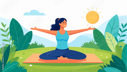 Radiant woman practices yoga outdoors, basking in the sun's warmth and embracing wellness in nature's serene embrace, a moment of mindful fitness and peace