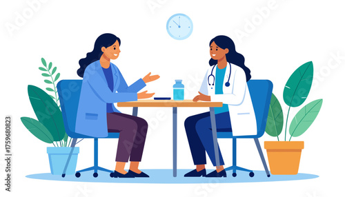 Compassionate doctor consulting with patient at modern clinic, providing healthcare advice with medical expertise and empathy during medical consultation