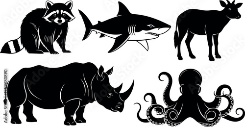 Black and white animal silhouettes including raccoon, shark, moose, rhinoceros, and octopus for wildlife, nature, and marine vector design