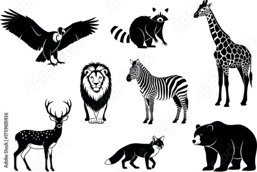 Black and white wild animal silhouettes including lion, giraffe, zebra, bear, fox, deer, raccoon, vulture for nature design