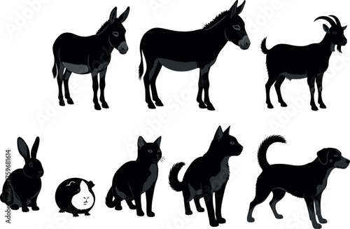 Set of Domestic Animal Silhouettes Including Dog, Cat, Rabbit, Goat, Donkey, Guinea Pig for Farm, Pet, and Education Use