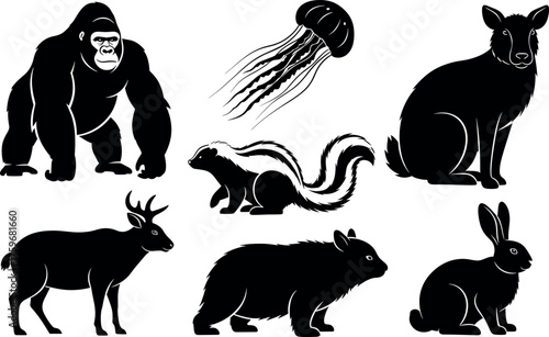 Silhouette animal collection featuring gorilla, jellyfish, deer, rabbit, skunk, porcupine, and wild dog isolated on white background