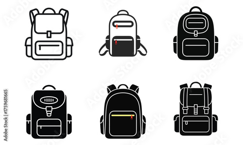 Minimalist backpack icon set in black and white, showcasing diverse bag styles with zippers, flaps, compartments, and strap details