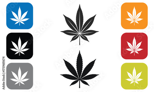 Minimalist cannabis leaf icons set in black and color blocks, modern marijuana symbol for medical, recreational, and cultural use