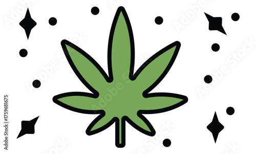 Stylized green cannabis leaf with black outline and decorative elements, minimalist marijuana symbol for culture, branding, and wellness