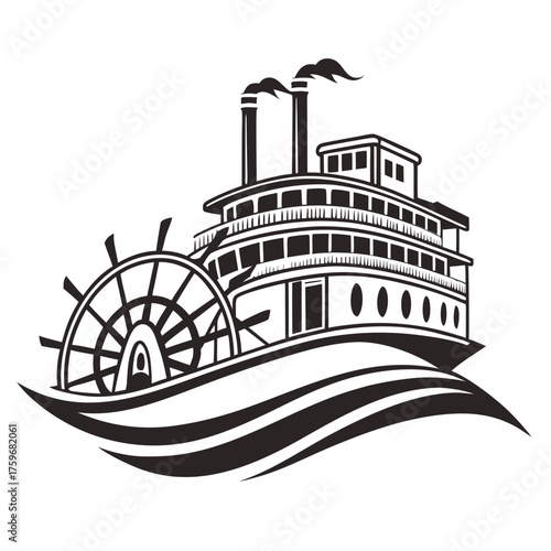 Vintage paddlewheel steamboat sailing on wavy water