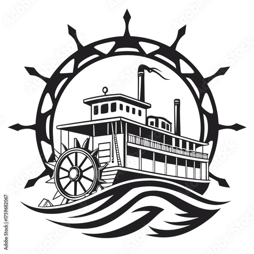 Paddlewheel steamboat inside a ship wheel on