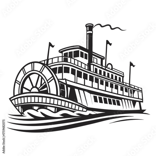 Side view of a paddlewheel steamboat on wavy water