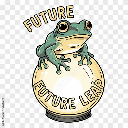 A cartoon green frog sits atop a translucent sphere with the words FUTURE and FUTURE LEAP encircling it Amphibian Animal Illustration Concept Hope Growth
