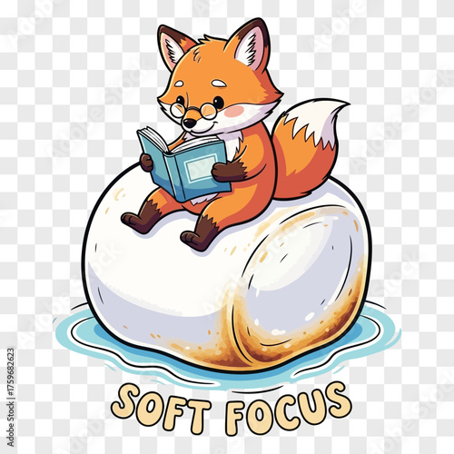 An adorable cartoon fox wearing glasses sits on a soft white object in water reading a blue book Animal Cute Sitting Illustration Character Wildlife Mammal