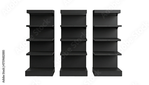 Three black shelving units, symmetrical, against a dark background