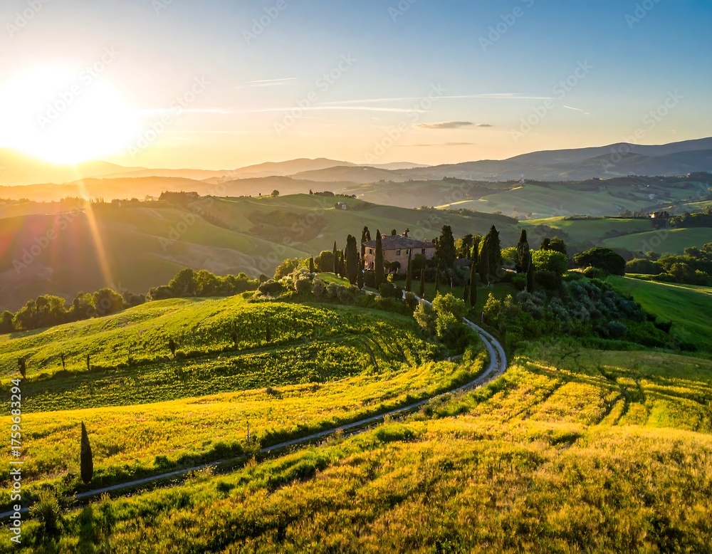 Naklejka premium Rolling hills and a winding road lead to a house at sunset. Golden light bathes the green landscape. Mountains frame the distant view