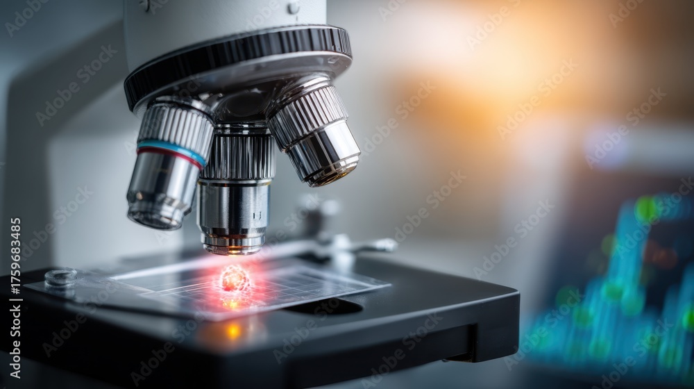 Fototapeta premium Microscope analysis of biological samples in laboratory scientific research high-tech environment close-up view for innovation