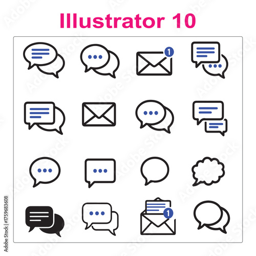 diverse chat and message icon set for digital communication, online platforms, and ui/ux design