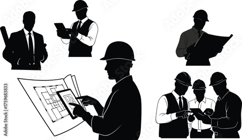 Black and white silhouette vector illustration of construction engineers and architects with blueprints, teamwork collaboration, project planning, and digital devices
