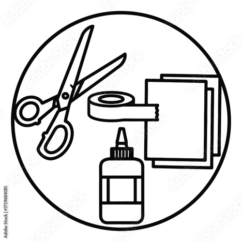 Arts and crafts supplies set featuring scissors tape glue and paper for creative projects