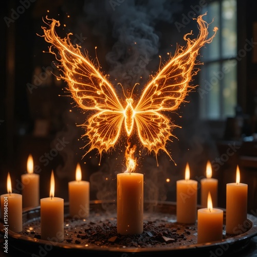 Illuminated Butterfly Rising Above Candles in a Dreamy Enchanting Atmosphere