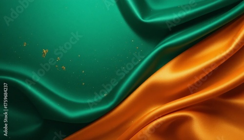 A stunning display of flowing fabric in vibrant hues of green and orange silk textures
