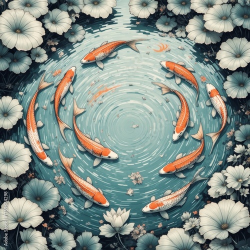 Enchanting scene of koi fish swimming gracefully in tranquil waters surrounded by blooms