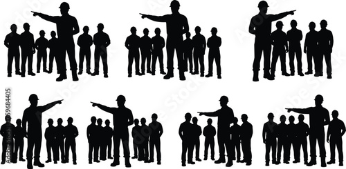 Black and white silhouette vector illustration of construction supervisor directing workers with hard hats, teamwork, leadership, safety, organization, and project management
