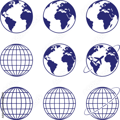 Collection of earth globes showing continents and grid lines
