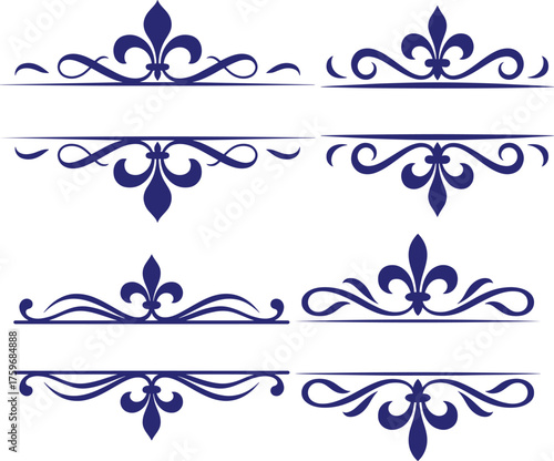 Set of ornate blue decorative borders with fleur de lis elements